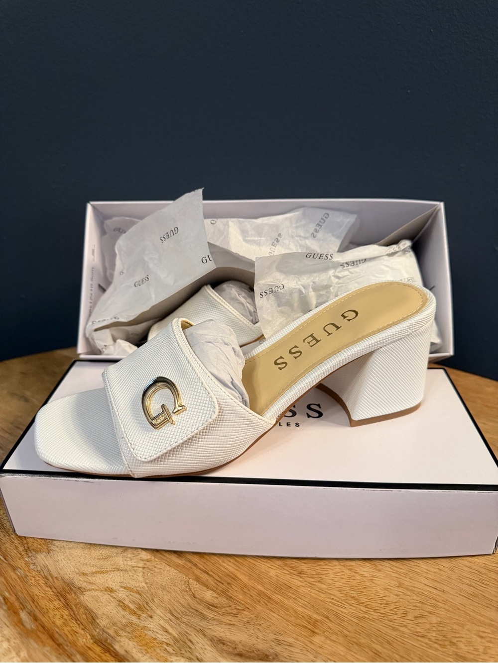 GUESS White Slide Mules with Gold G Logo - Picture 2 of 10